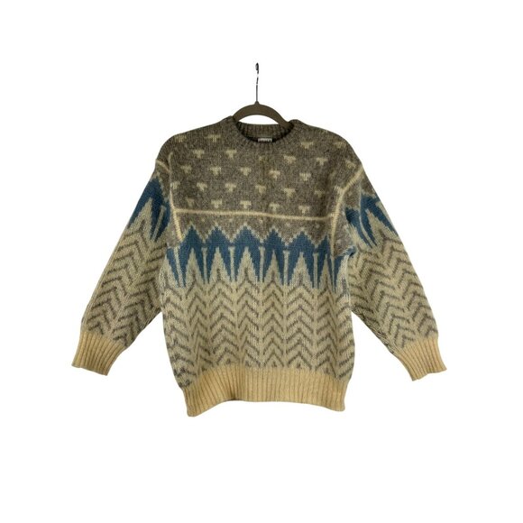 ALAFOSS Icewool Mens S Crew Neck Jumper Sweater Beige Fair Isle Virgin Wool VTG - Picture 1 of 12